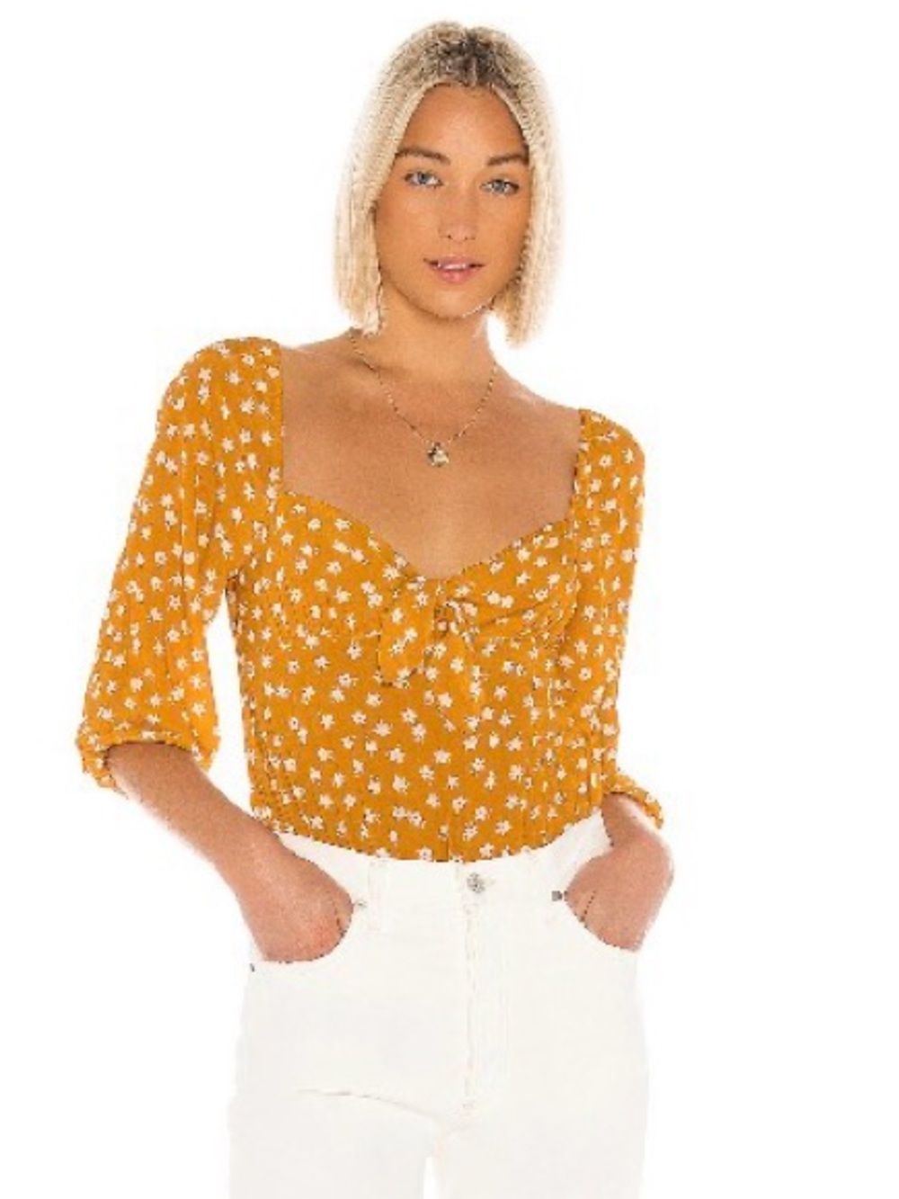 Privacy Please Mustard Floral Tie-Front Square Neck Bodysuit